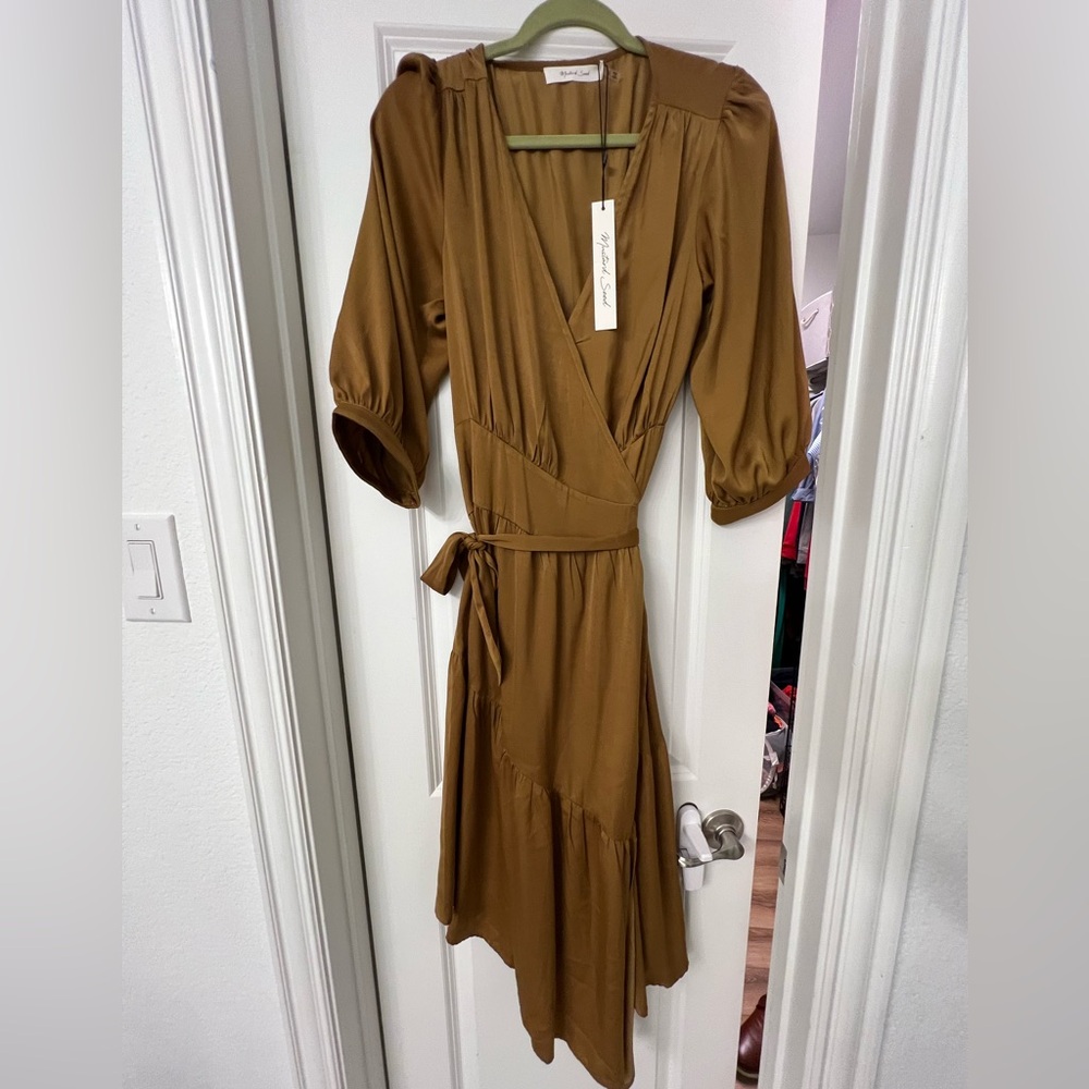 New Boutique Tan Satin Wrap Midi Dress